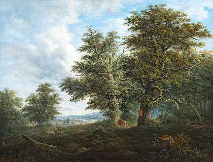 约翰·雅各布·多纳（Johann Jacob Dorner）的《一幅丘陵风景，一位旅行者在橡树丛下休息》