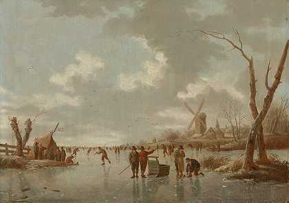 Hendrik Willem Schweickardt的《冰河上滑冰者的冬季场景》
