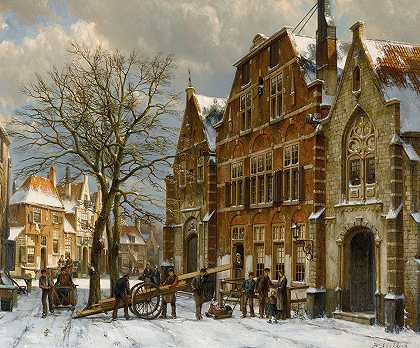Willem Koekkoek的《冬季街景，Oudewater》