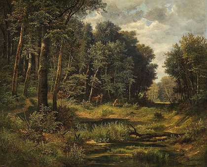 利奥波德·蒙施的《森林池塘里的狍子》