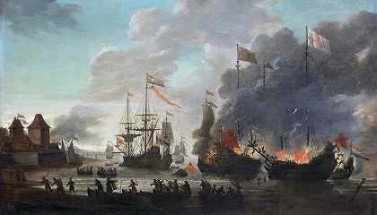 1667年6月20日，扬·范·莱登（Jan van Leyden）在荷兰对地中海的突袭中焚烧英国船只