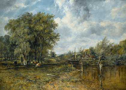 弗雷德里克·沃特斯·沃茨（Frederick Waters Watts）的《一片有牛的树林风景和远处的小屋》