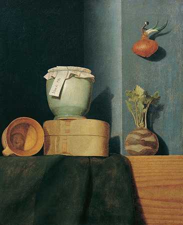 安娜·玛丽亚·庞茨的《炊具、洋葱和大头菜的静物》