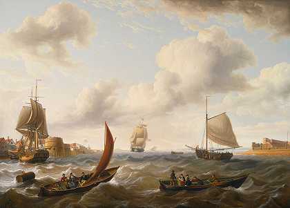 查尔斯·马丁·鲍威尔（Charles Martin Powell）的《波涛汹涌的大海中朴茨茅斯港入口处的英国士兵和其他船只》