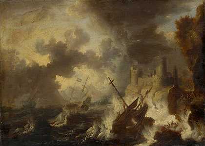 彼得·范·德·维尔德的《海岸要塞前的暴风雨与沉船》