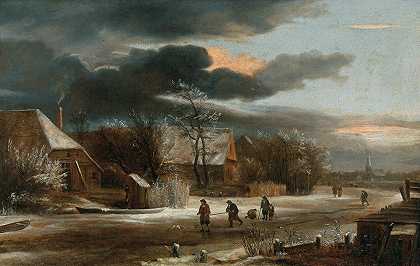 雅各布·范·鲁伊斯代尔（Jacob van Ruisdael）的《一个村庄和一条冰冻的运河的冬季风景》
