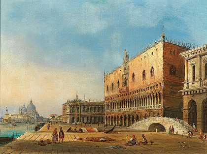 “威尼斯，圣马可盆地和总督宫的景色，背景是卡洛·格鲁巴茨的《圣玛利亚礼》