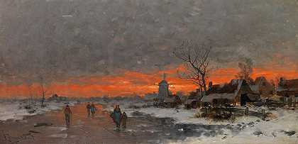 “日落中村庄剪影的冬季风景”，作者：Johann Jungblut