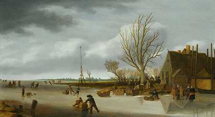 Salomon van Ruysdael的《冬季风景：一个男孩滑冰推雪橇》