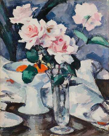 塞缪尔·约翰·佩普洛的《玻璃花瓶里的粉红色玫瑰》