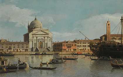 “威尼斯，救世主教堂和圣贾科莫教堂的视图，与一个摩尔人的战争，贡多拉和驳船由卡纳莱托