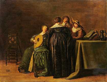 Pieter Codde的《与一名女子弹奏琵琶的时尚伴侣》