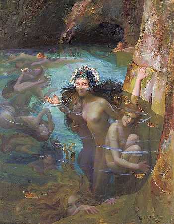加斯顿·布西埃（Gaston Bussière）的《石窟的海睡莲》（Sea Nymphs At A Grotto）