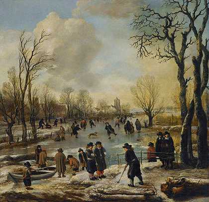 阿尔特·范德内尔（Aert van der Neer）的《一个冬天的风景，村民在冰封的运河上滑冰和打高尔夫球》