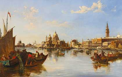 爱德华·普里切特《威尼斯大运河口的贡多拉和渔船》