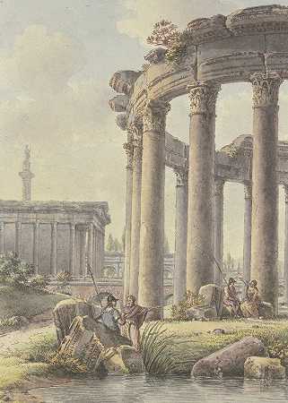“建筑随想曲，圆形寺庙的废墟，背景中的图拉真柱，维克托·让·尼科尔