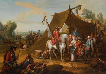 “一场军事包围，描绘了萨伏依公爵（1744-1745）的家庭骑兵，带着一个标准的背负者和一个帐篷旁的马”