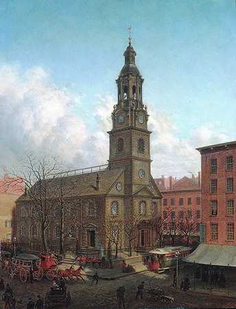 爱德华·兰森·亨利《纽约富尔顿街和威廉街北荷兰教堂》