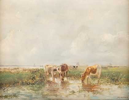 Hermanus Gerhardus Wolbers的《浅水中的奶牛》