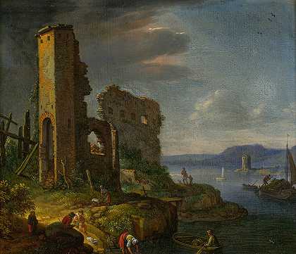 Herman Saftleven的《废墟、船和人物的河流风景》