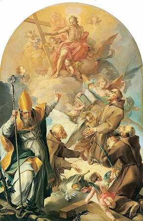 乔瓦尼·兰弗兰科的《三位卡布钦圣徒和一位主教崇拜基督和十字架》