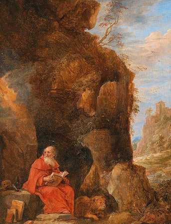 “年轻的戴维·特尼尔斯（David Teniers The Younger）的石窟外的圣杰罗姆风景