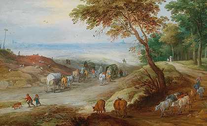 “年轻人Jan Brueghel的一幅广阔的丘陵风景，游客在小路上，前景是牛
