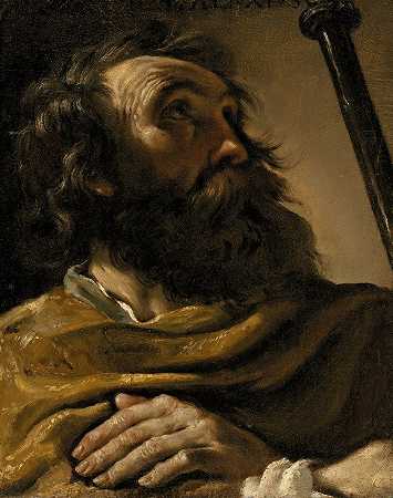 Guercino的《披着棕色外衣的圣阿莱克修斯，手持棍棒》