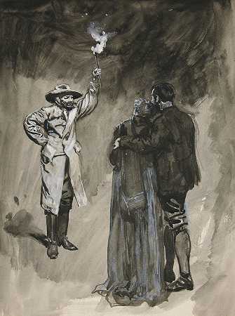 埃德温·奥斯汀·艾比（Edwin Austin Abbey）的一对情侣在街上与手持火炬的男子对峙