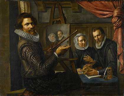 “画室里的画家赫尔曼·范·沃伦霍芬（Herman van Vollenhoven）为一对已婚夫妇画肖像
