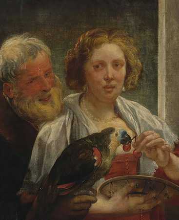 雅各布·乔丹斯的《一个留胡子的男人和一个带鹦鹉的女人》