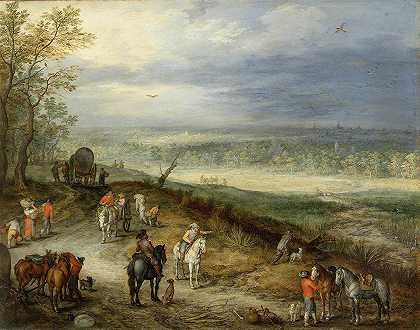 Jan Brueghel The Elder的《乡间小路上游人的广阔风景》