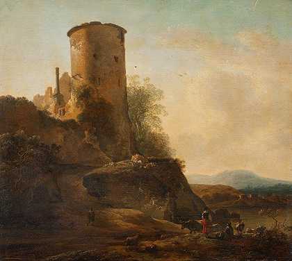 亚当·皮纳克（Adam Pynacker）的《意大利山景，城堡废墟、动物和人物》