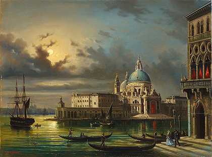 乔瓦尼·格鲁巴茨的《月光下的威尼斯多加纳角和圣玛丽亚礼炮》（The Punta della Dogana and Santa Maria della Salute）