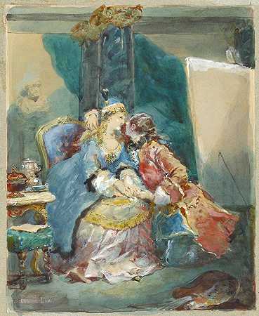 《艺术家工作室里的情侣拥抱》，作者：Eugène Lami