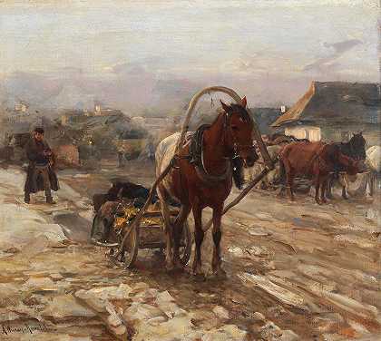 Alfred Von Wierusz Kowalski的《村街上的马和车》