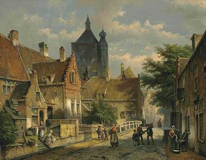 Willem Koekkoek的《阳光明媚的荷兰街上的村民》