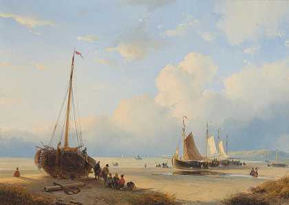 安德烈亚斯·谢尔富特的《渔民与海滩船只》