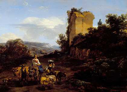 《废墟与旅行者的风景》，作者：尼古拉斯·皮特斯，Berchem
