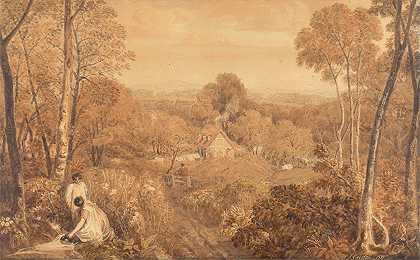 乔舒亚·克里斯托尔（Joshua Cristall）在伯克希尔郡赫尔利（Hurley）的《带小屋和乡村妇女的森林风景》（Wooded Landscape with Cottages and Countrywomen）