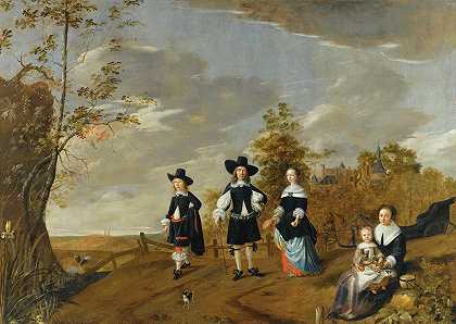 克里斯蒂安·范·科伦伯格（Christiaen van Colenbergh）的《杜斯泰德城堡前风景中的家庭肖像》