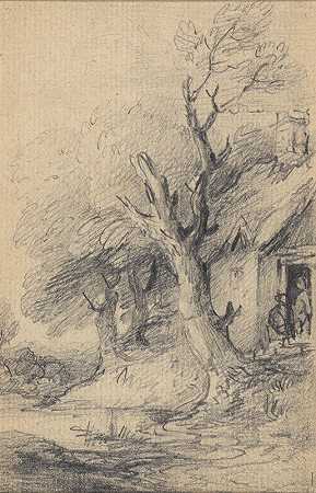 “盖恩斯伯勒杜邦的小屋和树木”