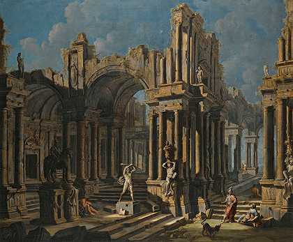 Pietro Capelli的《建筑随想曲：大力士雕像和穿着古典服装的人物》