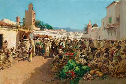 古斯塔沃·西莫尼（Gustavo Simoni）的《阿尔及利亚特莱姆森的市场场景》