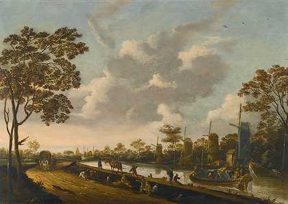“Pieter Bout沿着运河拖曳驳船的风景”