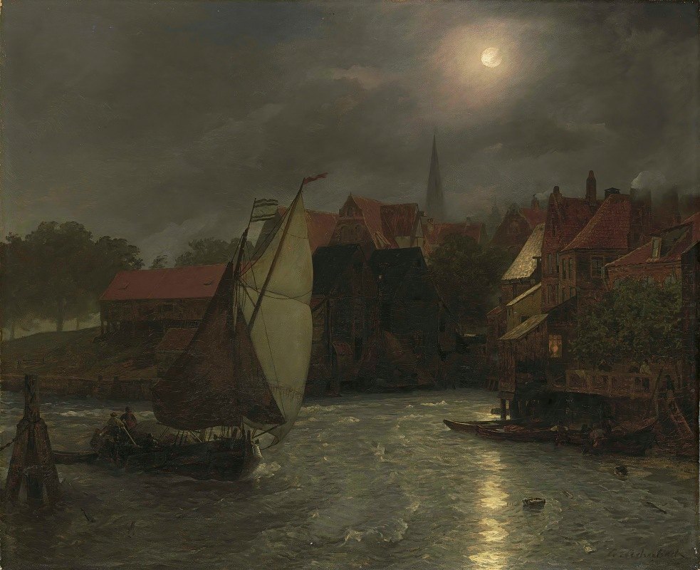 安德烈亚斯·阿肯巴赫的《运河上的船，月光》
