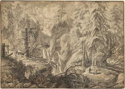 安托尼·滑铁卢（Anthonie Waterloo）的《山景，瀑布附近空地上的农民》