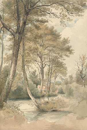 亨利·埃德里奇（Henry Edridge）的《肯特郡布罗姆利山附近有树和牛的溪流》