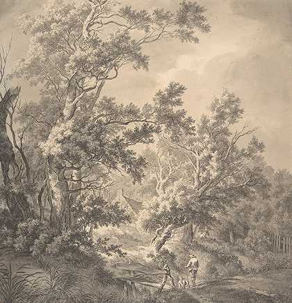 Franciscus Andreas Milatz的《小桥边的两个人和树之间隐藏着一栋房子的风景》