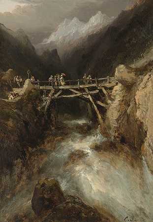 尤金·伊萨贝（Eugène Isabey）的《一座桥，游客穿越比利牛斯山脉的激流》